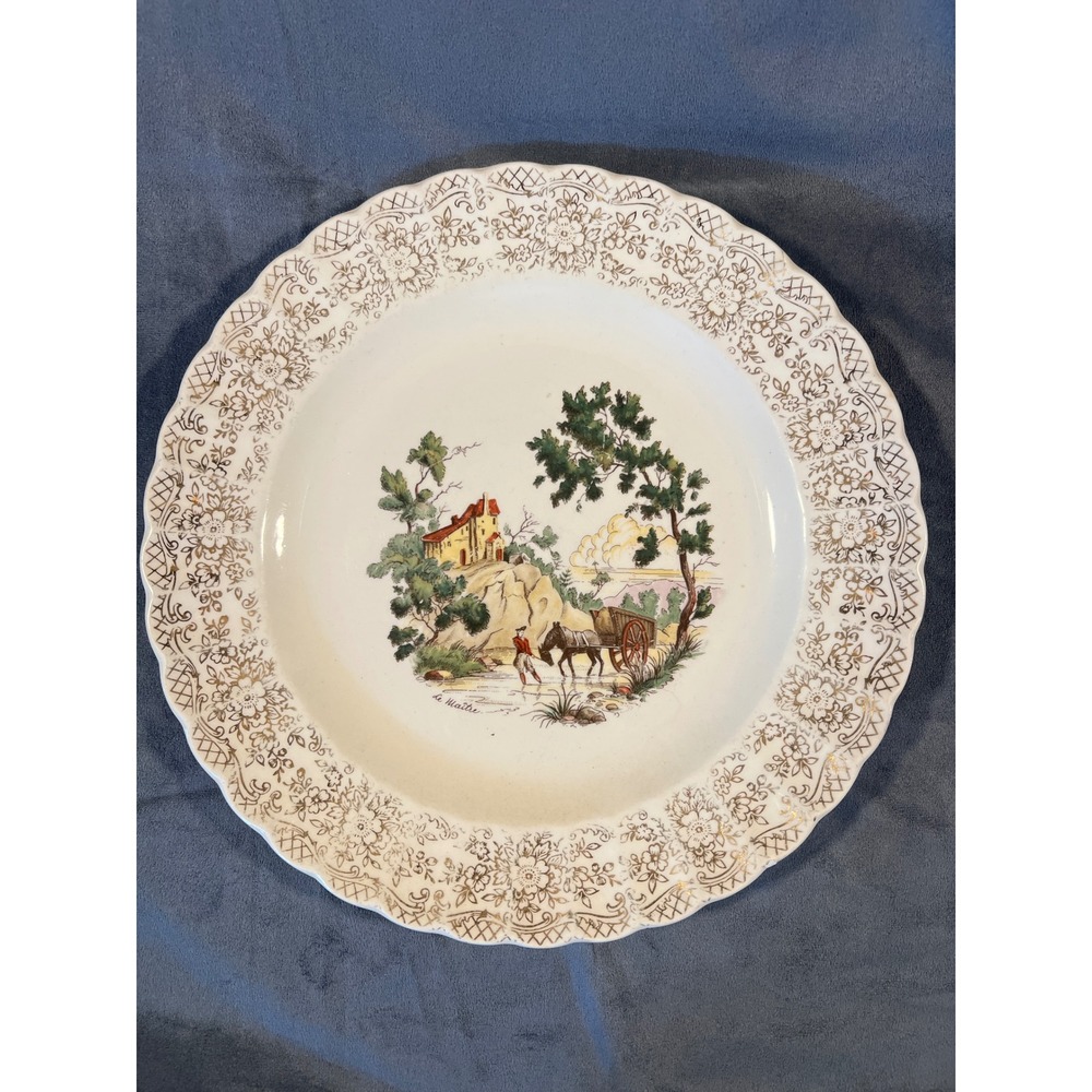 American Limoges Chateau-France Dinner Plate 22K Gold Le Maitre Scenic Vintage